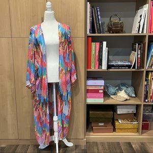 Multi color feather print sheer kimono cover up